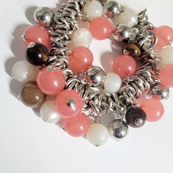 None Jewelry - Pink and Silver Tone Beaded Bracelet